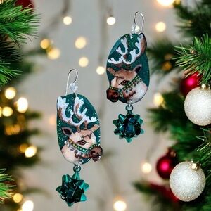 Hand painted holiday Christmas reindeer, wearable art earrings with metal bow